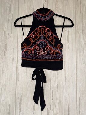 Free People Goa Embroidered Halter Crop Top in Black, Size M